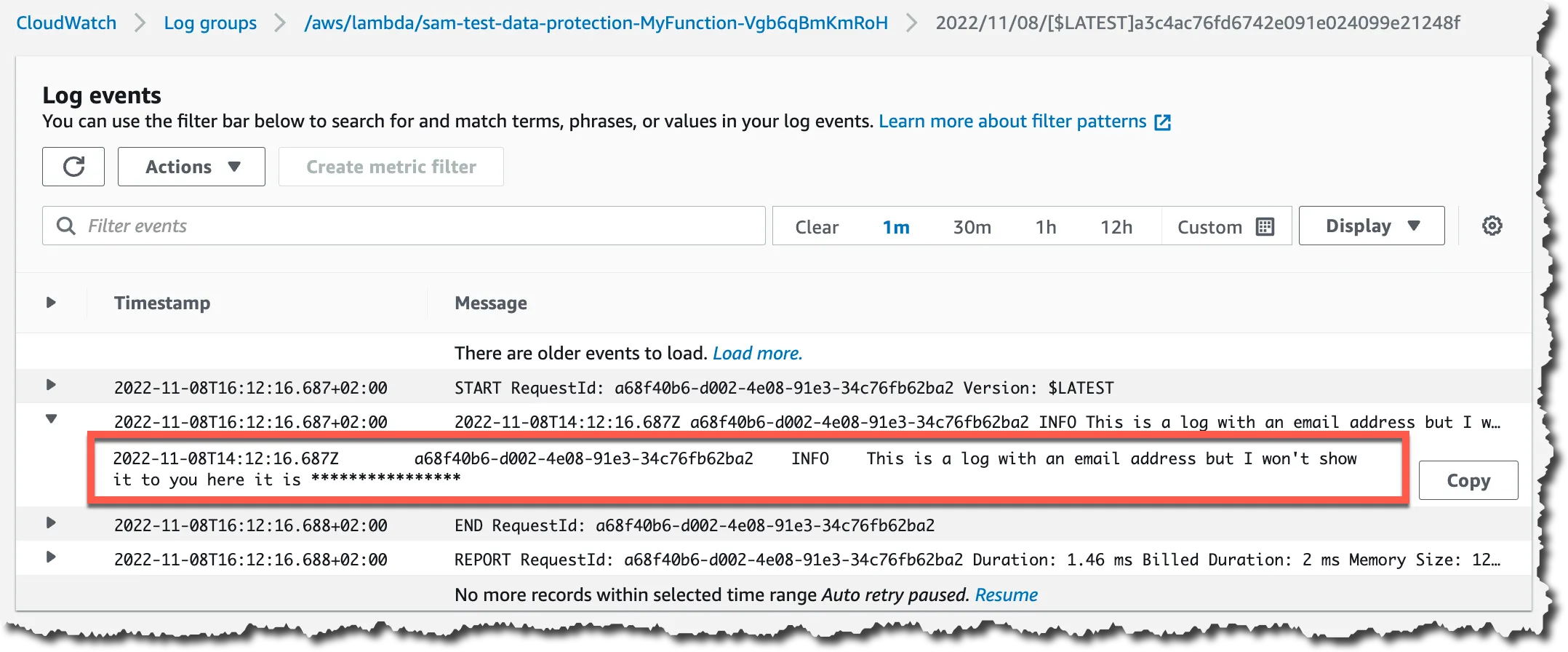 Redaction of sensitive information in a CloudWatch log group