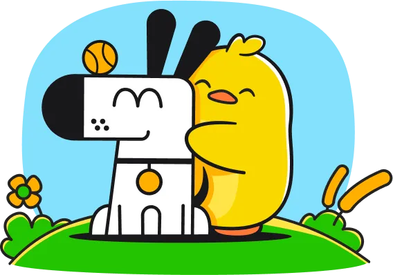 The mascots for Ente Photos and Kagi Search hugging.