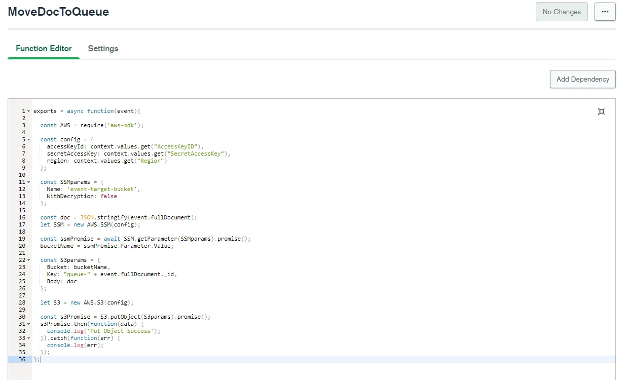 A MongoDB Atlas serverless function that fetches parameters from AWS Systems Manager parameter store.