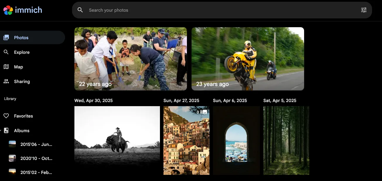 The web UI for the Immich software, showing a photo gallery