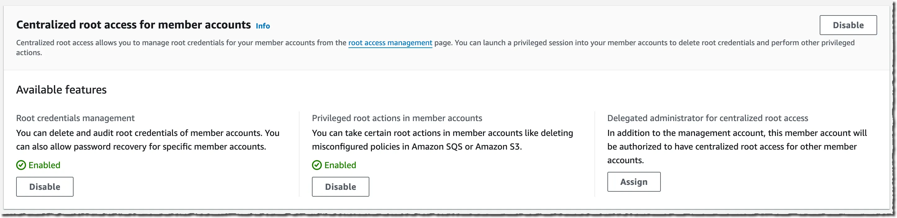 The Centralized Root Access dashboard on the AWS console.