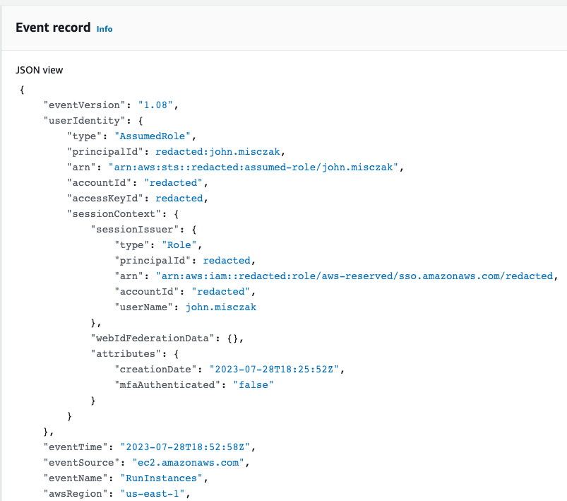 An example of a CloudTrail event for RunInstances