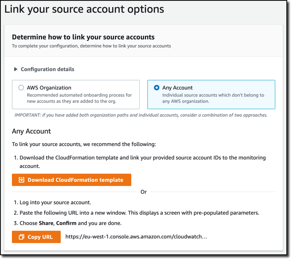 Choosing the method to link the source account to the monitoring account in CloudWatch