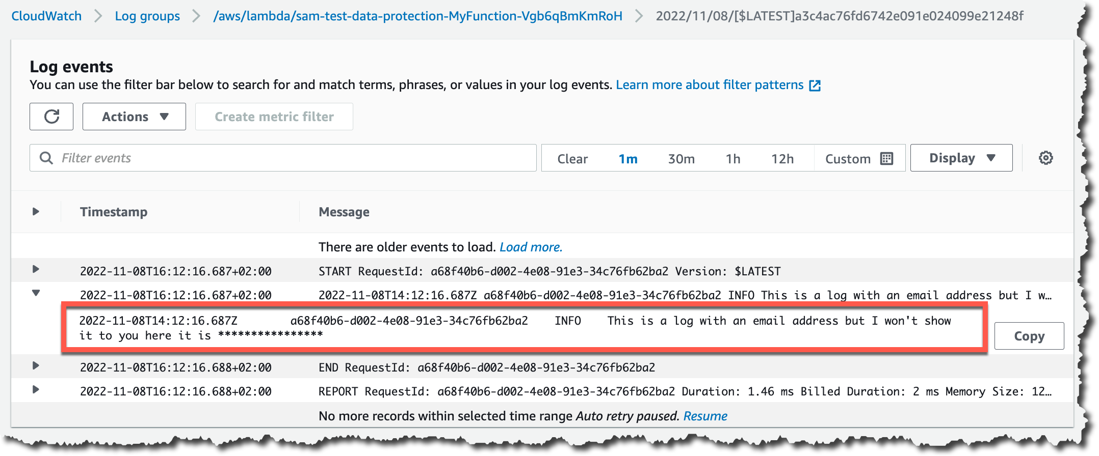 Redaction of sensitive information in a CloudWatch log group