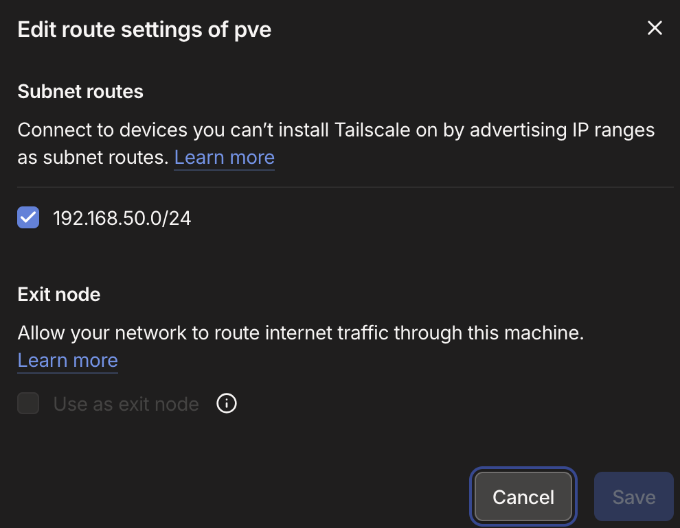 Accepting the Advertised Subnet Routes in the Tailscale Admin Console