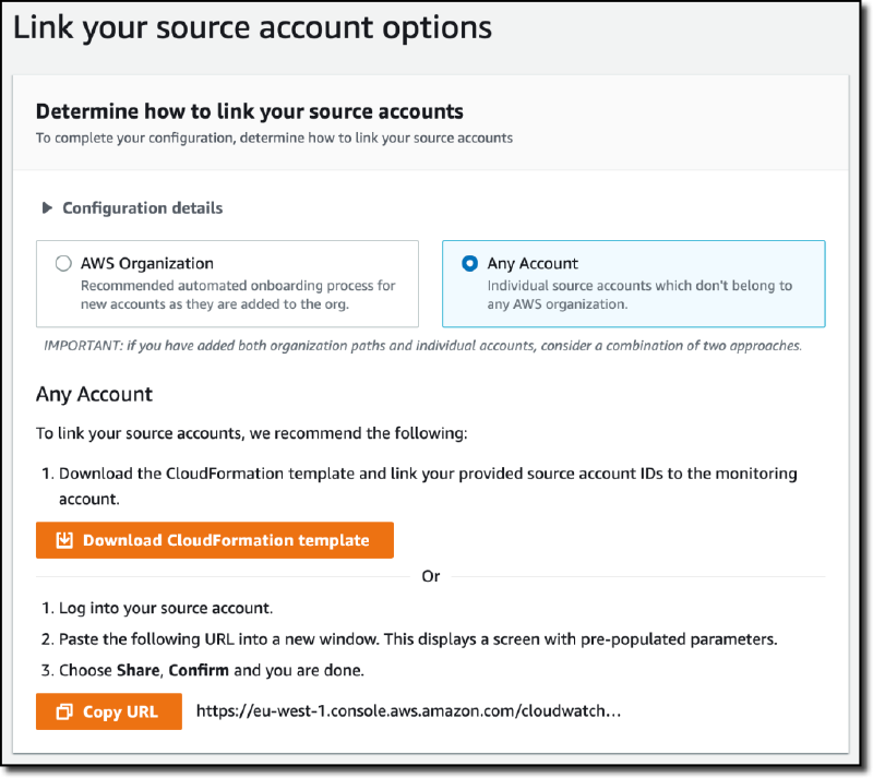 Choosing the method to link the source account to the monitoring account in CloudWatch