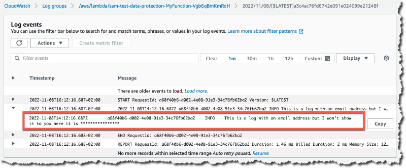 Redaction of sensitive information in a CloudWatch log group