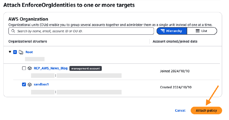 Attaching a Resource Control Policy to OUs